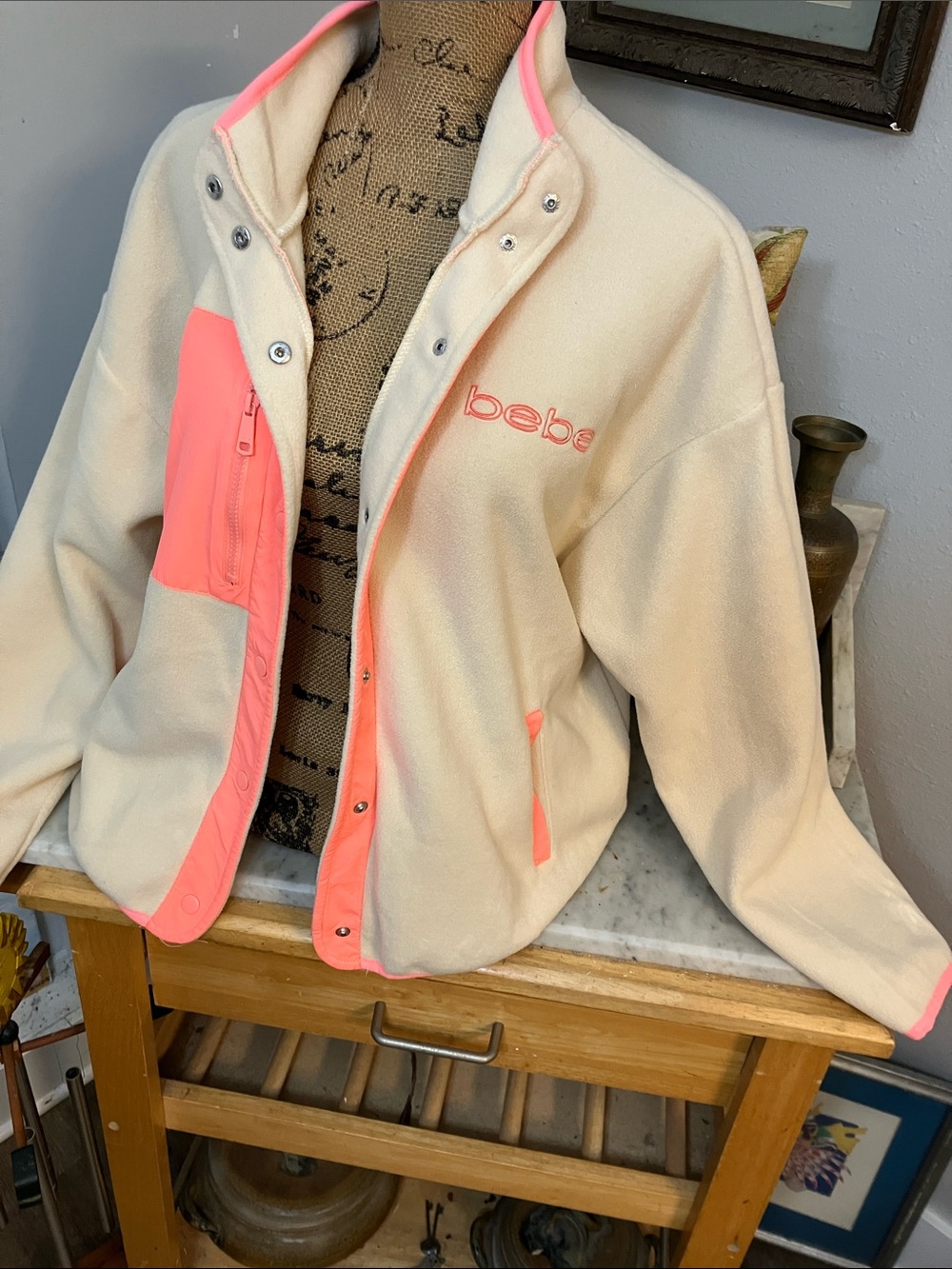 bebe Cream Fleece Jacket with Pink Trim - Women's Zip Front Teddy Gorgeous Love